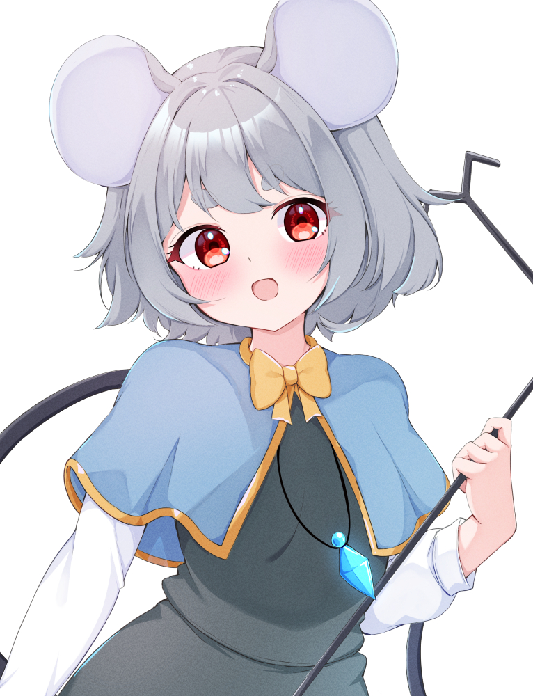 rururiaru, nazrin, touhou, commentary, 1girl, :d, animal ears, black dress, blue capelet, blush, bow, bowtie, capelet, dowsing rod, dress, grey hair, holding, jewelry, long sleeves, looking at viewer, mouse ears, mouse girl, mouse tail, necklace, open mouth, red eyes, short hair, simple background, smile, solo, tail, thick eyebrows, upper body, white background, yellow bow, yellow bowtie