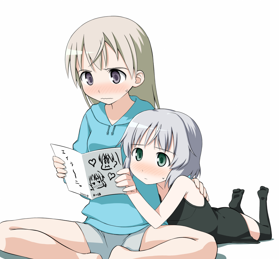 eila ilmatar juutilainen, sanya v. litvyak, strike witches, world witches series, translated, 00s, 2girls, barefoot, multiple girls, reading, thighhighs