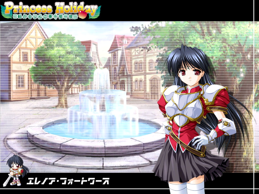 bekkankou, eleanor fortworth, princess holiday, 00s, armor, black hair, gloves, long hair, red eyes, skirt, solo, thighhighs