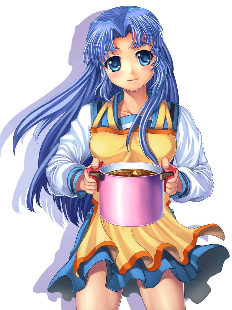 jak, asakura ryoko, suzumiya haruhi no yuuutsu, 00s, apron, blue eyes, blue hair, cooking pot, food, long hair, oden, school uniform, serafuku, solo