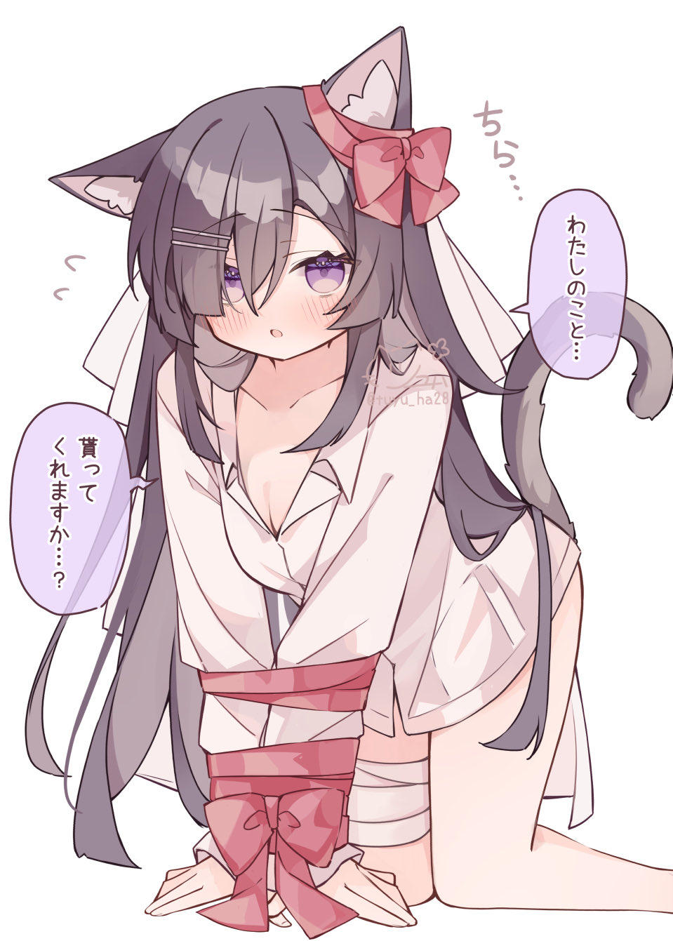 ringouulu, original, commentary request, highres, translation request, 1girl, animal ear fluff, animal ears, arm ribbon, bandaged leg, bandages, bare legs, blush, bound, bound wrists, breasts, brown hair, cat ears, cat girl, cat tail, cleavage, collared shirt, feet out of frame, flying sweatdrops, hair over one eye, hair ribbon, kneeling, long hair, long sleeves, looking at viewer, no pants, open mouth, purple eyes, red ribbon, ribbon, shirt, simple background, solo, speech bubble, tail, white background, white shirt