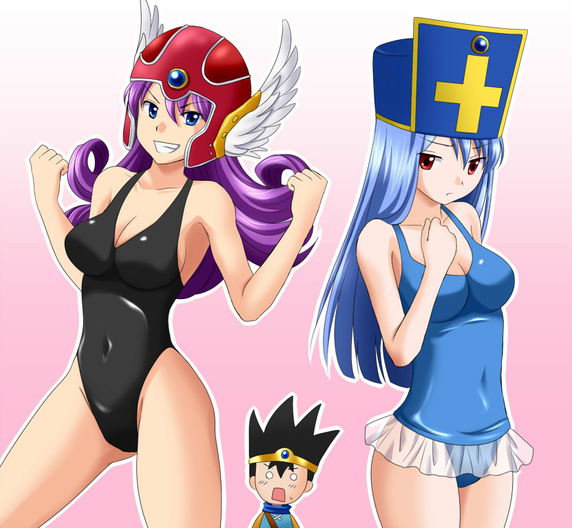 ochanomizu doggu, priest (dq3), roto (dq3), warrior (dq3), chunsoft, dragon quest, dragon quest iii, enix, square enix, bad id, bad pixiv id, 2girls, black one-piece swimsuit, blue eyes, blue hair, blue hat, blue one-piece swimsuit, cross, cross print, gold trim, grin, hat, helmet, mitre, multiple girls, one-piece swimsuit, purple hair, red eyes, see-through clothes, smile, swimsuit, v-shaped eyebrows