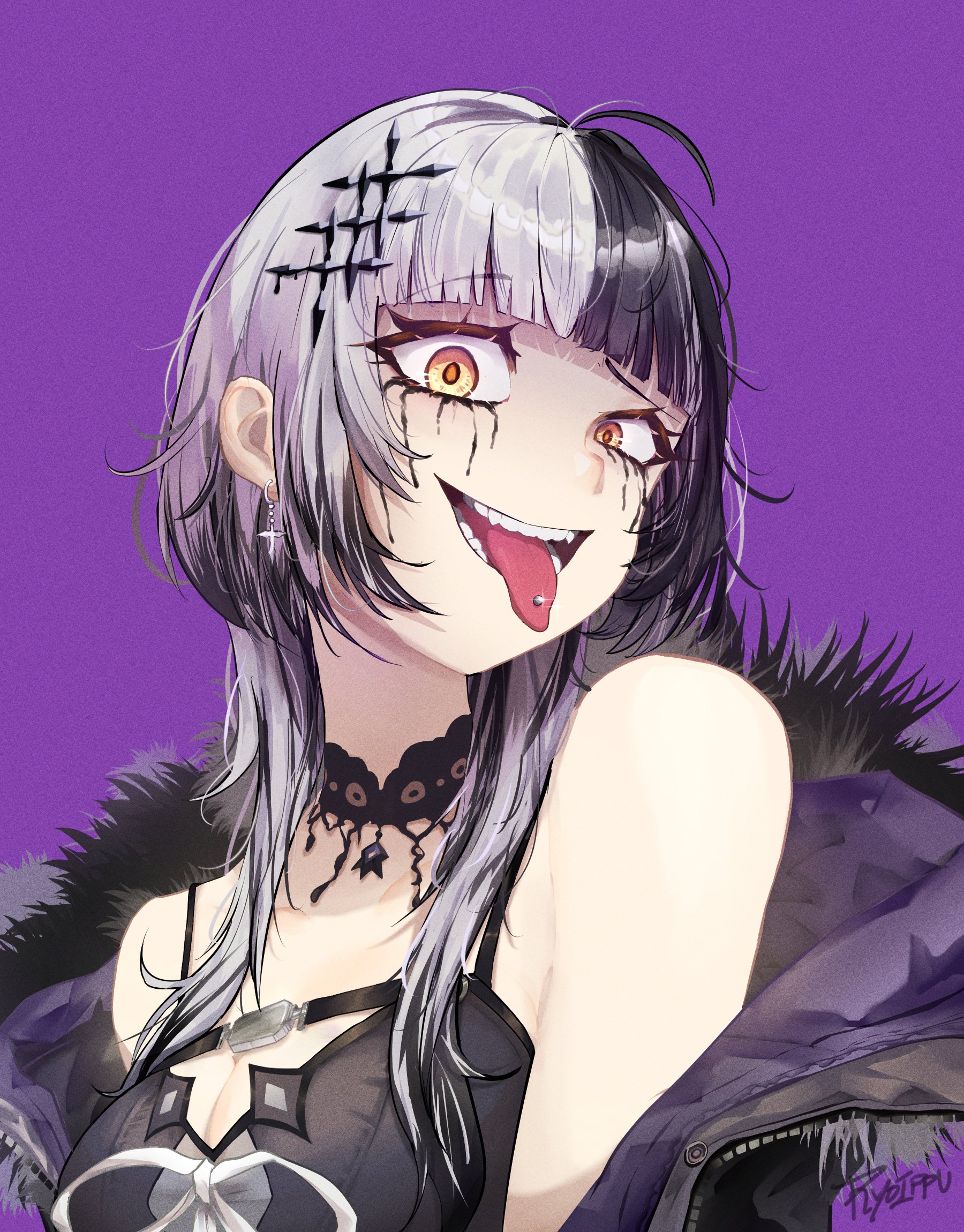 shiori novella, hololive, hololive english, commentary, highres, 1girl, antenna hair, black choker, black hair, black jacket, blunt bangs, breasts, choker, cleavage, crazy eyes, crazy smile, cross, cross earrings, earrings, fur-trimmed jacket, fur trim, grey hair, jacket, jewelry, large breasts, makeup, mosboru, multicolored hair, off shoulder, piercing, purple background, raised eyebrow, runny makeup, signature, smile, solo, split-color hair, tongue, tongue out, tongue piercing, two-tone hair, virtual youtuber, yellow eyes