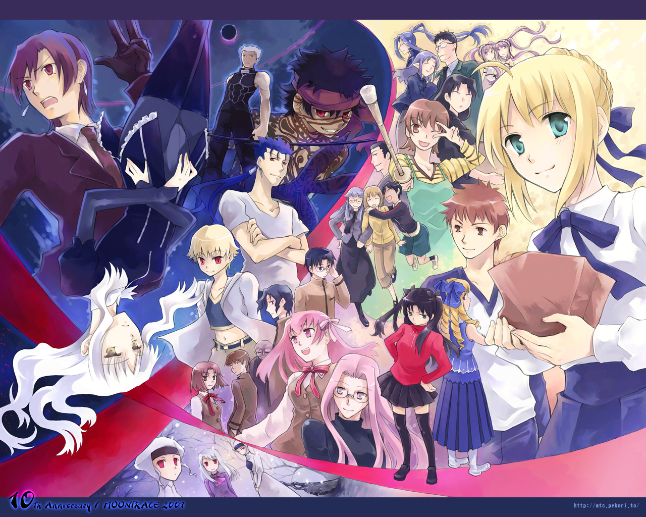 azuma shouko, angra mainyu (fate), archer (fate), artoria pendragon (fate), bazett fraga mcremitz, caren hortensia, child gilgamesh (fate), cu chulainn (casual wear) (fate), cu chulainn (fate), cu chulainn (lancer) (fate), emiya shirou, euryale (fate), fujimura taiga, gilgamesh (fate), himuro kane, hotaruzuka otoko, illyasviel von einzbern, kuzuki souichirou, leysritt (fate), luviagelita edelfelt, makidera kaede, matou sakura, matou zouken, medea (caster) (fate), medea (casual wear) (fate), medea (fate), medusa (fate), medusa (rider) (fate), mitsuzuri ayako, mitsuzuri minori, ryuudou issei, ryuudou reikan, saber (fate), saegusa yukika, sasaki kojirou (fate), sella (fate), stheno (fate), tohsaka rin, fate/hollow ataraxia, fate/stay night, fate (series), 00s, 6+boys, 6+girls, blonde hair, brother and sister, everyone, multiple boys, multiple girls, siblings, sisters, thighhighs, twins, twintails