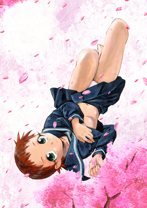 unno hotaru, original, eyebrows, 1girl, barefoot, brown hair, cherry blossoms, closed mouth, collarbone, dot mouth, dot nose, female focus, forehead, full body, green eyes, legs, long sleeves, looking at viewer, midriff, navel, panties, pantyshot, pink panties, pleated skirt, sailor collar, school uniform, serafuku, short hair, skirt, solo, tree, underwear, upside-down