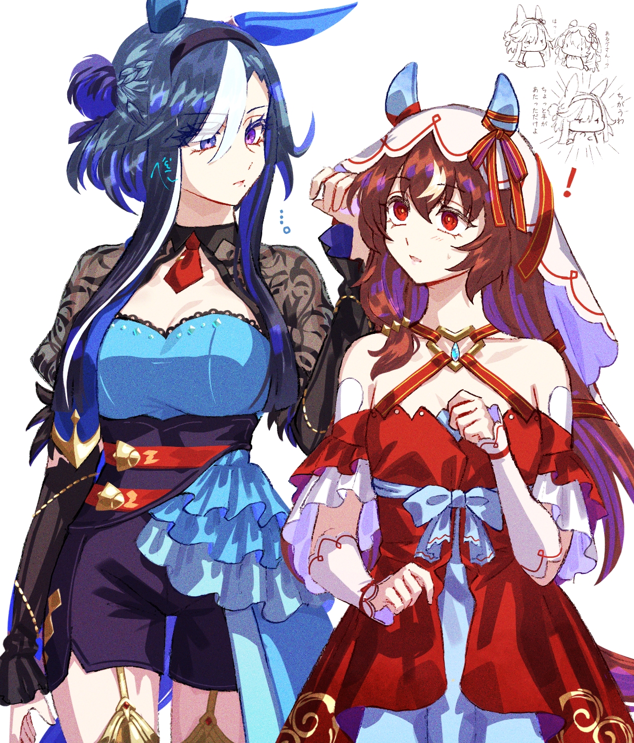 jagaimobeniko, admire groove (umamusume), still in love (scarlet vow raiment) (umamusume), still in love (umamusume), umamusume, highres, !, 2girls, animal ears, ascot, blue hair, breasts, dress, ear covers, heterochromia, horse ears, horse girl, multiple girls, purple hair, red ascot, red dress, red eyes, striped hair, white background