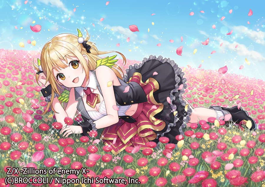 yamigo, z/x, official art, 1girl, black jacket, black shoes, black wrist cuffs, blue sky, breasts, cana (z/x), cleavage, copyright notice, cropped shirt, feathered wings, field, flower, flower field, frilled skirt, frills, green wings, hair ornament, jacket, long hair, lying, midriff, mini wings, navel, on side, open clothes, open jacket, open mouth, red flower, red petals, shirt, shoes, skirt, sky, sleeveless, sleeveless jacket, socks, solo, sparkle, two side up, white shirt, white socks, wings, wrist cuffs, yellow eyes, yellow petals