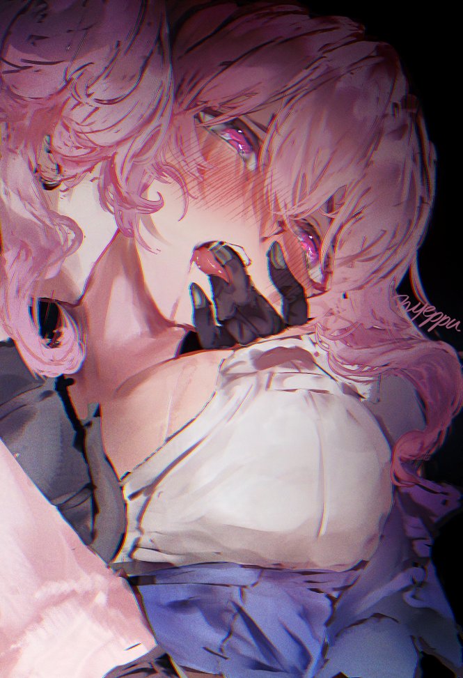 nyeppu, evernight (honkai: star rail), march 7th (honkai: star rail), march 7th (preservation) (honkai: star rail), honkai: star rail, honkai (series), hashtag-only commentary, 2girls, black background, blue jacket, blush, breasts, close-up, cum, cum on body, drooling, dual persona, finger to mouth, gloves, hair between eyes, jacket, large breasts, long hair, multicolored eyes, multiple girls, partially unbuttoned, pink hair, shirt, two-tone eyes, white shirt, yuri