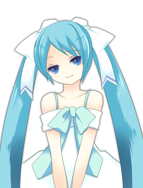 hatsune miku, vocaloid, non-web source, aqua hair, blue eyes, hair ribbon, ribbon, smile, solo, twintails