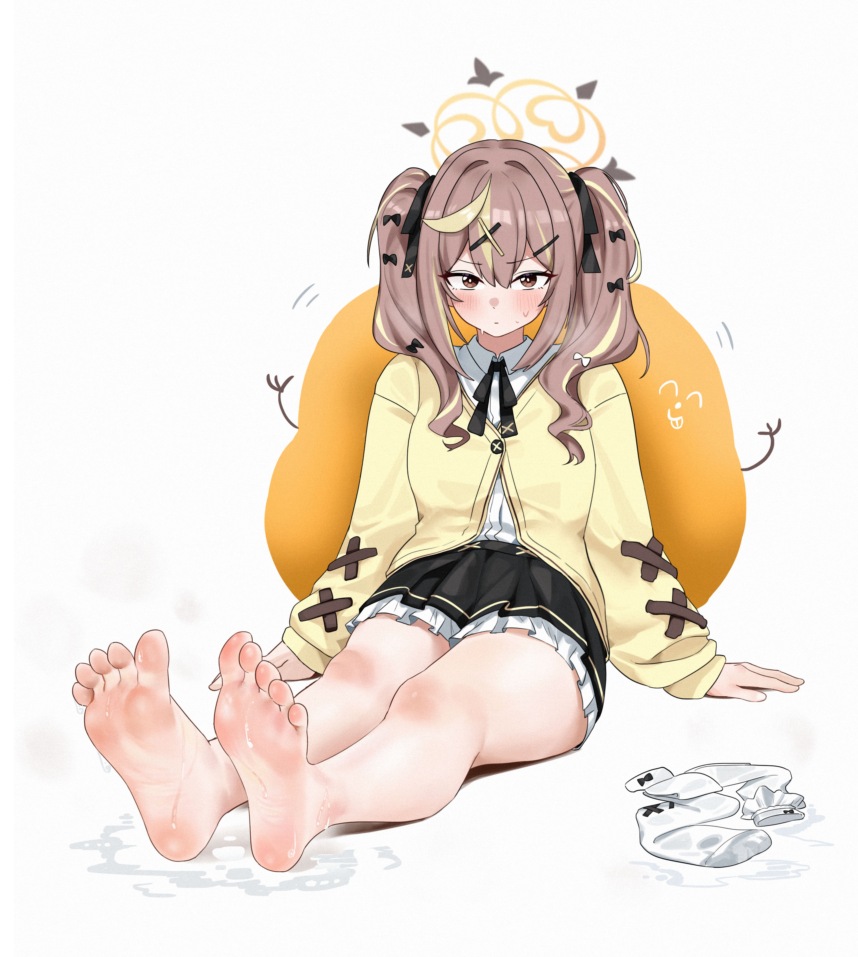 shangdi de fazhang, rena (blue archive), blue archive, absurdres, highres, 1girl, barefoot, blush, bown hair, brown eyes, feet, long hair, looking at viewer, multicolored hair, socks, soles, streaked hair, toes, twintails, unworn socks, white socks