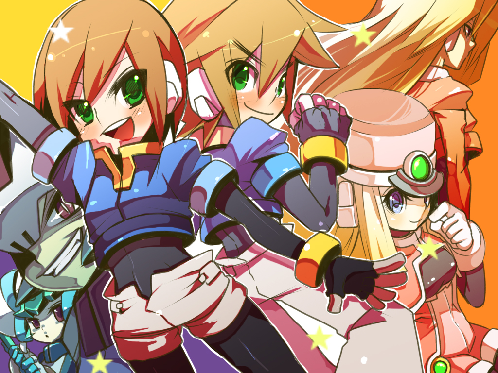 fujitsuna, aile (mega man zx), girouette (mega man), pandora (mega man), prairie (mega man), prometheus (mega man), vent (mega man), capcom, mega man (series), mega man zx, bad id, bad pixiv id, 3boys, 3girls, brown hair, green eyes, multiple boys, multiple girls, short hair, simple background, spandex