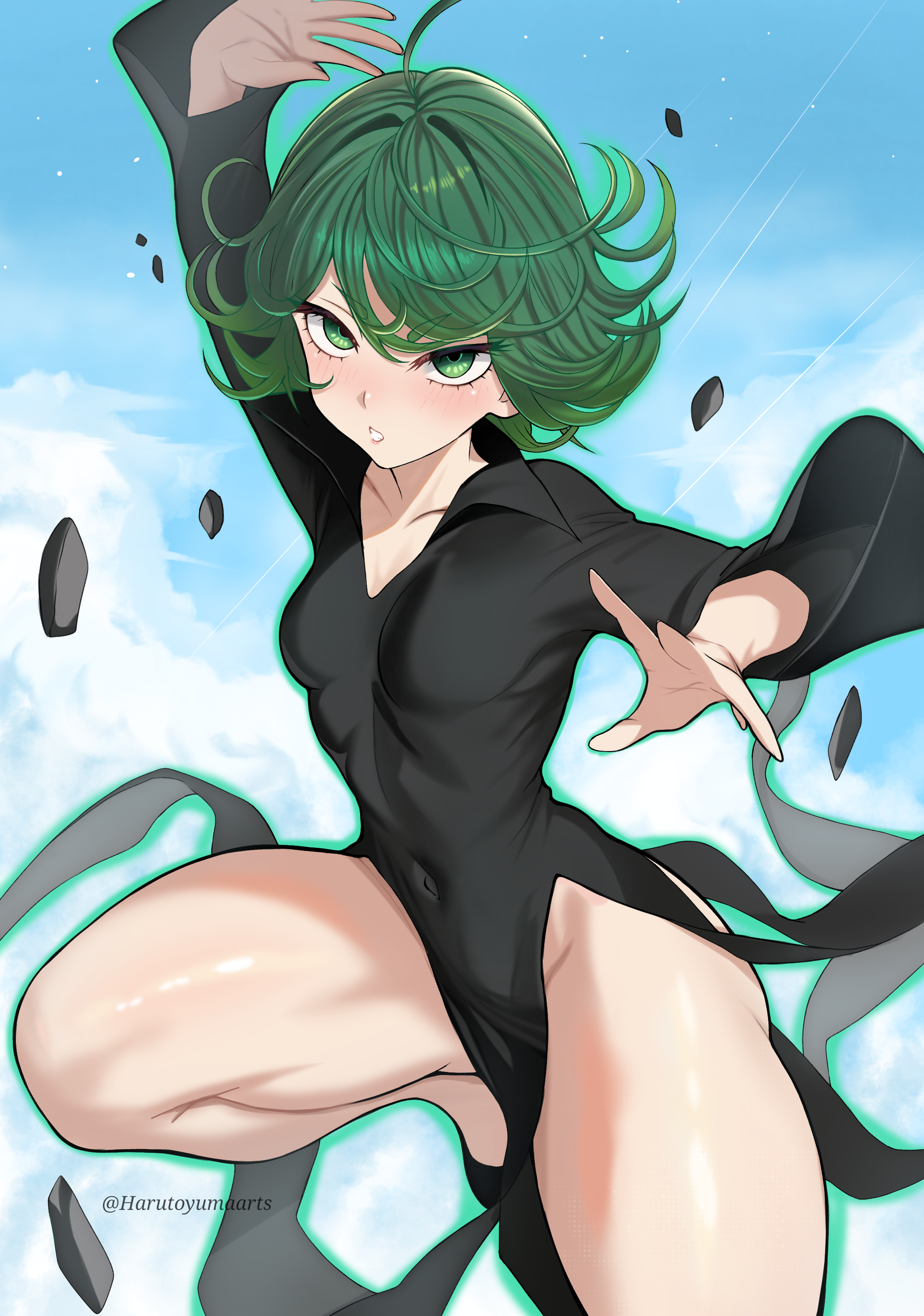 harutoyumaarts, tatsumaki, one-punch man, absurdres, highres, 1girl, ahoge, arm up, bare legs, black dress, breasts, collarbone, collared dress, curly hair, dress, flying, green eyes, green hair, pear-shaped figure, pelvic curtain, popped collar, rock, short hair, small breasts, solo, telekinesis, thick thighs, thighs