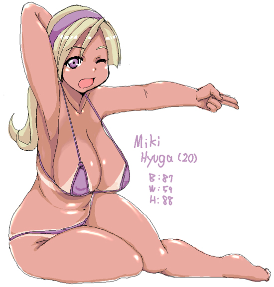 kaneda (aqid), copyright request, 1girl, armpits, arms up, barefoot, bikini, bikini tan, blonde hair, breasts, character name, curvy, dark-skinned female, dark skin, female focus, hairband, large breasts, measurements, micro bikini, navel, oekaki, one eye closed, open mouth, plump, purple eyes, shiny skin, simple background, sitting, solo, string bikini, swimsuit, tan, tanline, white background, wink