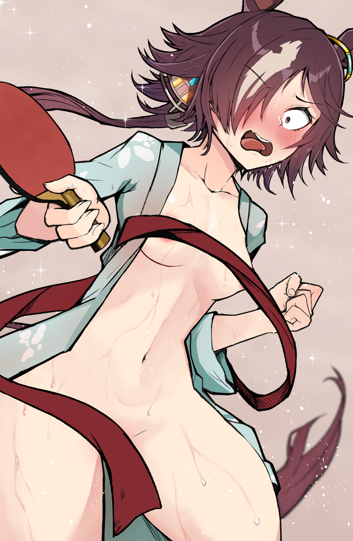 akizuki shigure, vodka (umamusume), umamusume, highres, paid reward available, variant set, 1girl, animal ears, areola slip, blush, breasts, brown eyes, brown hair, clenched hand, constricted pupils, convenient censoring, ear ornament, floating hair, furrowed brow, grey hair, groin, hair ornament, hair over one eye, holding, holding paddle, holding table tennis paddle, horse ears, horse girl, horse tail, japanese clothes, kimono, long hair, looking at viewer, low ponytail, medium breasts, navel, no bra, no panties, nose blush, open clothes, open kimono, open mouth, paddle, ponytail, solo, stomach, sweat, table tennis paddle, tail, tongue, wardrobe malfunction