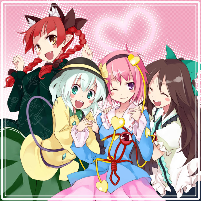 ushiki yoshitaka, kaenbyou rin, komeiji koishi, komeiji satori, reiuji utsuho, touhou, 4girls, aqua eyes, blush stickers, bow, braid, brown hair, female focus, hair bow, hat, headband, heart, heart of string, multiple girls, one eye closed, open mouth, pink hair, purple eyes, red hair, third eye, twin braids, white hair, wink, yellow eyes