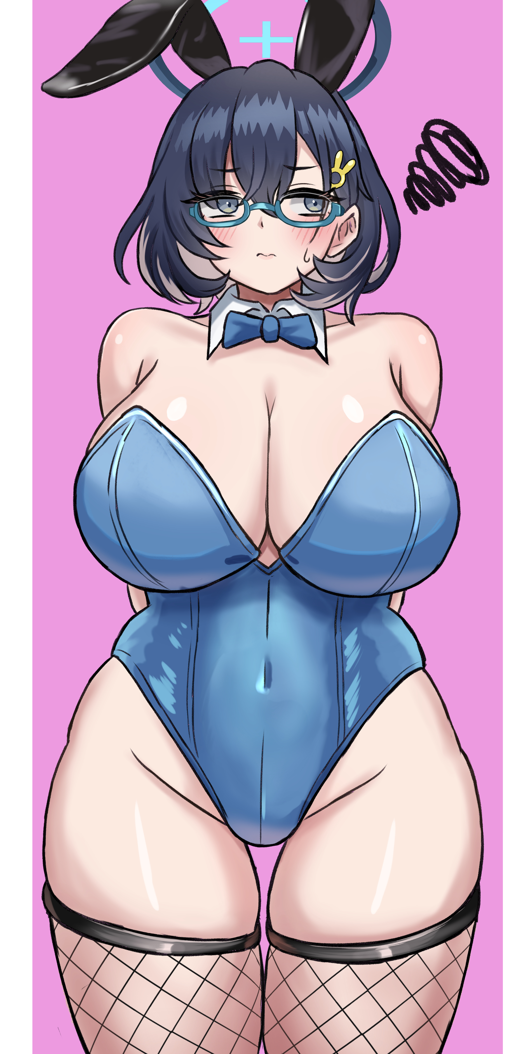 latte (a nextsystem), chihiro (blue archive), blue archive, absurdres, highres, 1girl, animal ear hairband, animal ears, bare shoulders, black hair, blue-framed eyewear, blue halo, blue leotard, blush, breasts, cleavage, collarbone, covered navel, fake animal ears, fishnet thighhighs, fishnets, glasses, grey eyes, groin, hair between eyes, hair ornament, hairband, hairclip, halo, highleg, highleg leotard, large breasts, leotard, looking to the side, playboy bunny, rabbit ear hairband, rabbit ears, short hair, solo, thighhighs, thighs