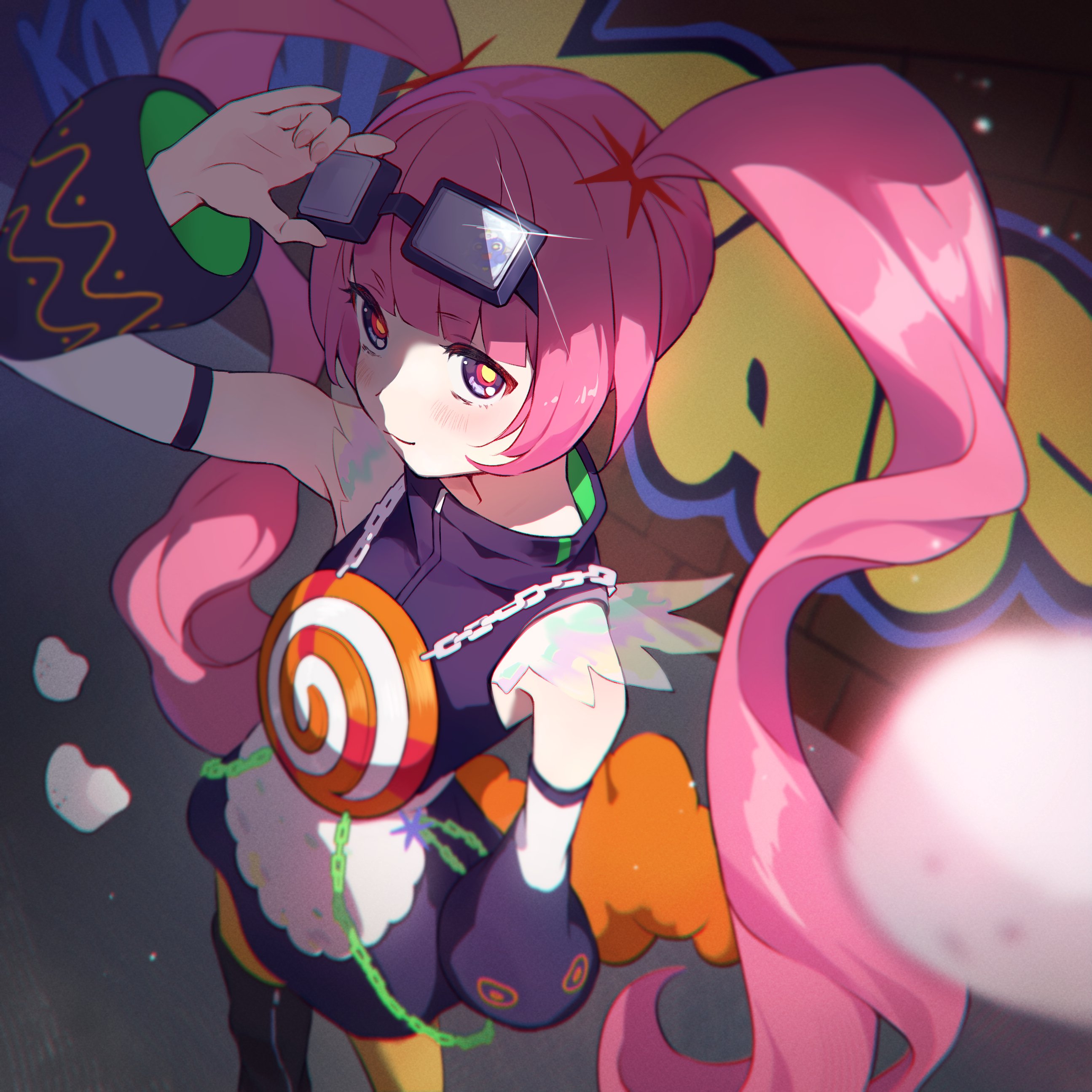 memori (egachachachan), kaf (kamitsubaki studio), kamitsubaki studio, absurdres, commentary, english commentary, highres, 1girl, adjusting eyewear, alternate costume, alternate hairstyle, arm up, black boots, blue eyes, blue jacket, blue skirt, blue sleeves, blush, boots, closed mouth, detached sleeves, eyewear on head, feet out of frame, from above, graffiti, jacket, long hair, long sleeves, looking at viewer, pantyhose, rectangular eyewear, skirt, sleeveless, sleeveless jacket, smile, solo, twintails, very long hair, virtual youtuber, wide sleeves, yellow pantyhose, yellow pupils