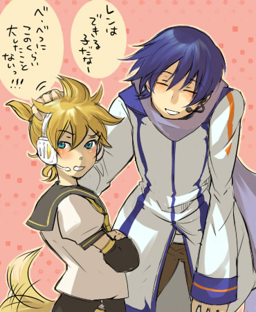 sabata yuki, tori (driftwood), kagamine len, kaito (vocaloid), vocaloid, looking away, bad id, bad pixiv id, lowres, translation request, 2boys, averting eyes, blonde hair, blue hair, blush, closed eyes, crossed arms, hand on own knee, headpat, headset, looking to the side, male focus, multiple boys, patterned background, pink background, ponytail, smile, squatting, tail, tail wagging, tsundere