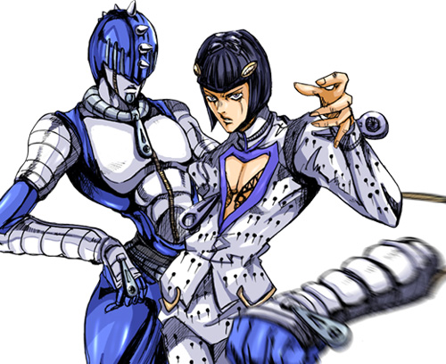 bruno bucciarati, sticky fingers (stand), jojo no kimyou na bouken, vento aureo, lowres, 1boy, bob cut, cleavage cutout, clothing cutout, formal clothes, hair ornament, helmet, male focus, multiple boys, simple background, spikes, stand (jojo), suit, white suit, zipper