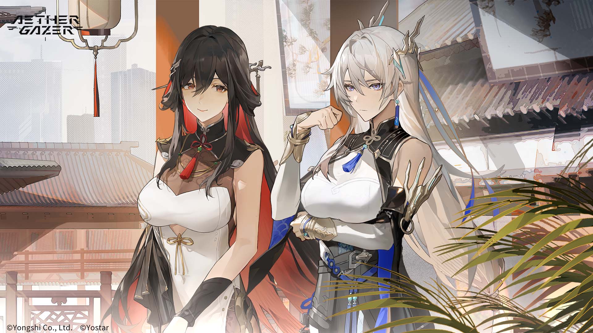 gengchen (aether gazer), lingguang (aether gazer), aether gazer, artist request, highres, official art, 2girls, black hair, blue eyes, blue ribbon, breasts, brown eyes, closed mouth, colored inner hair, copyright name, copyright notice, detached sleeves, dress, earrings, hair between eyes, hair ornament, hair ribbon, hair stick, jewelry, long hair, multicolored hair, multiple girls, plant, red hair, ribbon, tassel, white dress, white hair, white sleeves