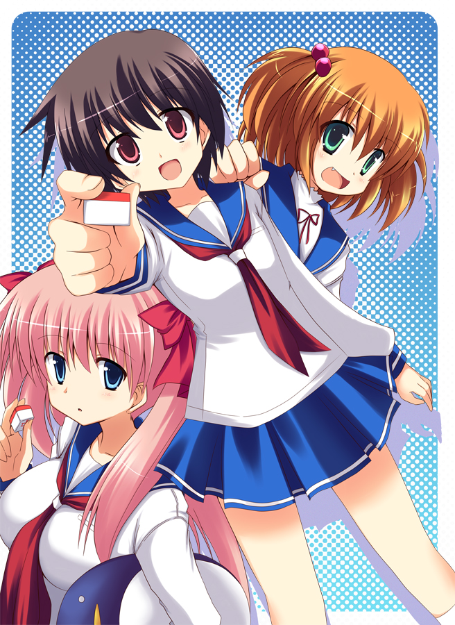 akane souichi, amae koromo, etopen, haramura nodoka, kataoka yooki, kataoka yuuki, miyanaga saki, saki-saki, saki (manga), bad id, bad pixiv id, 00s, 3girls, blue eyes, board game, brown hair, green eyes, holding, holding mahjong tile, mahjong, mahjong tile, multiple girls, orange hair, pink eyes, pink hair, school uniform, serafuku, two side up