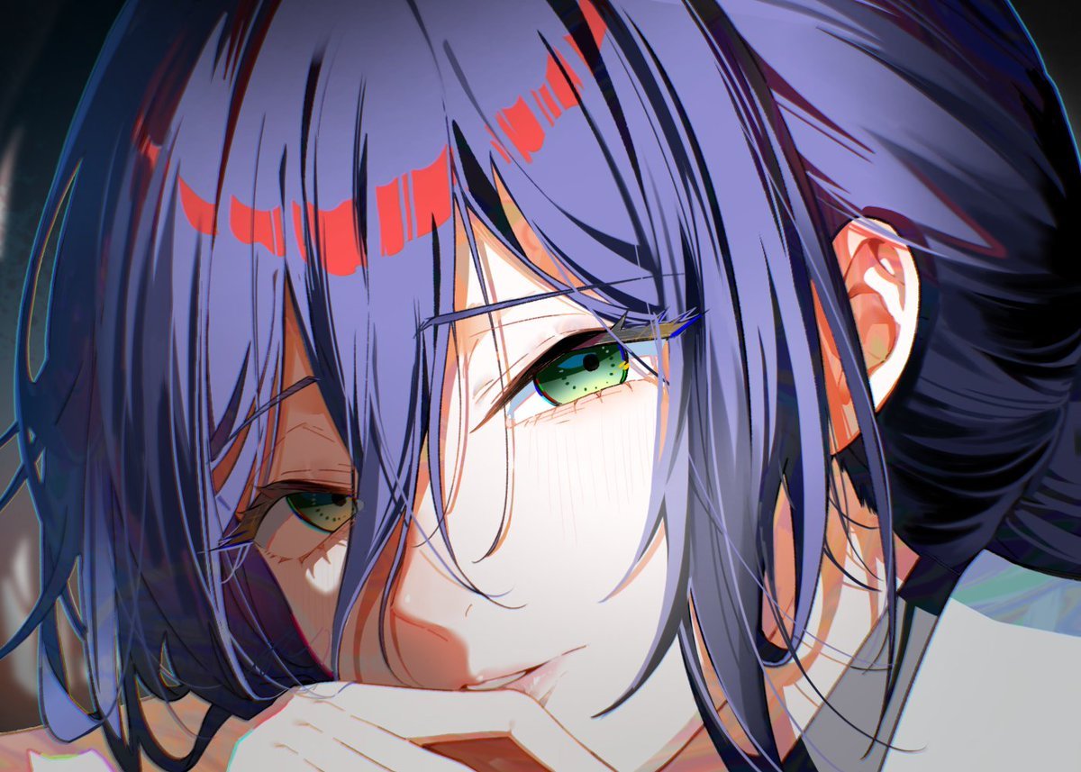 nara nakiri, reze (chainsaw man), chainsaw man, 1girl, green eyes, hair between eyes, lips, looking at viewer, multicolored hair, open mouth, purple hair, red hair, short hair, solo, upper body