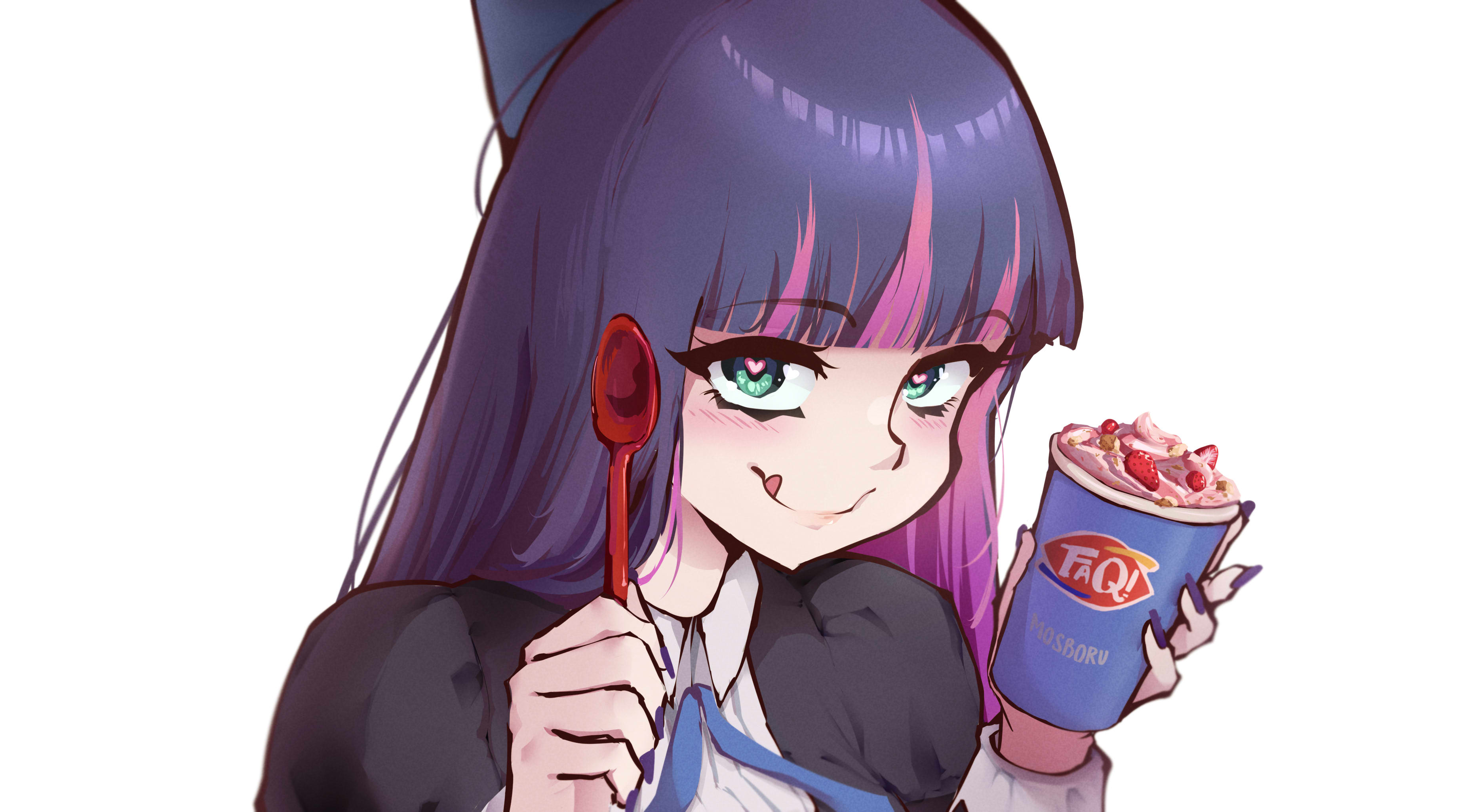 stocking (psg), dairy queen, panty & stocking with garterbelt, absurdres, commentary, english commentary, highres, 1girl, blue bow, blue hair, blunt bangs, bow, brand name imitation, colored inner hair, cup, food, frozen yogurt, fruit, hair bow, holding, holding cup, holding spoon, mosboru, multicolored hair, pink hair, portrait, purple nails, signature, solo, spoon, strawberry, tongue, tongue out, two-tone hair