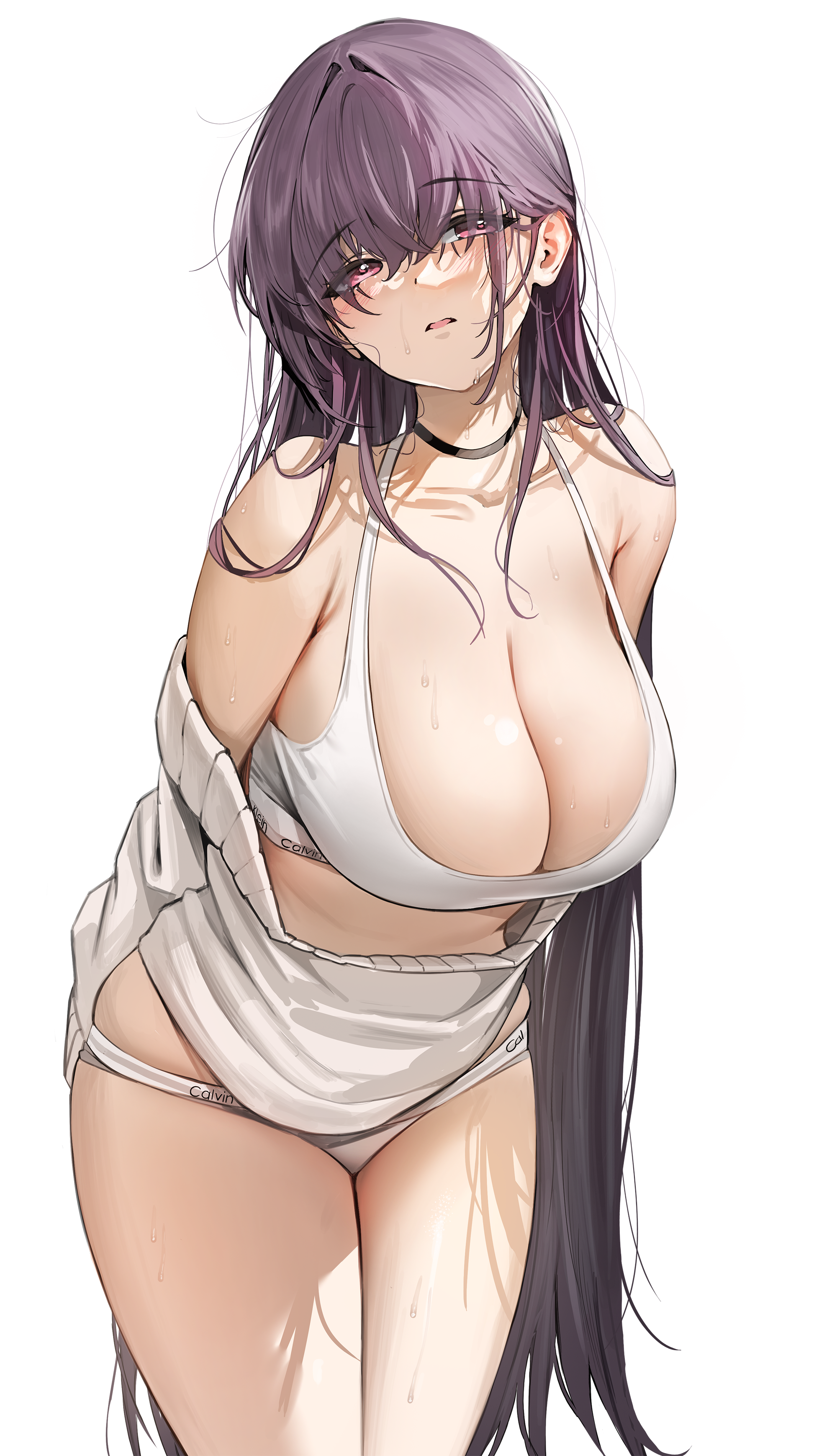 damda, scathach (fate), calvin klein, fate/grand order, fate (series), absurdres, highres, psd available, variant set, 1girl, black choker, bra, breasts, choker, cleavage, clothes pull, clothes writing, large breasts, long hair, messy hair, panties, parted lips, product placement, purple eyes, purple hair, simple background, solo, sweat, sweater, sweater pull, underwear, underwear writing, very long hair, white background, white bra, white panties