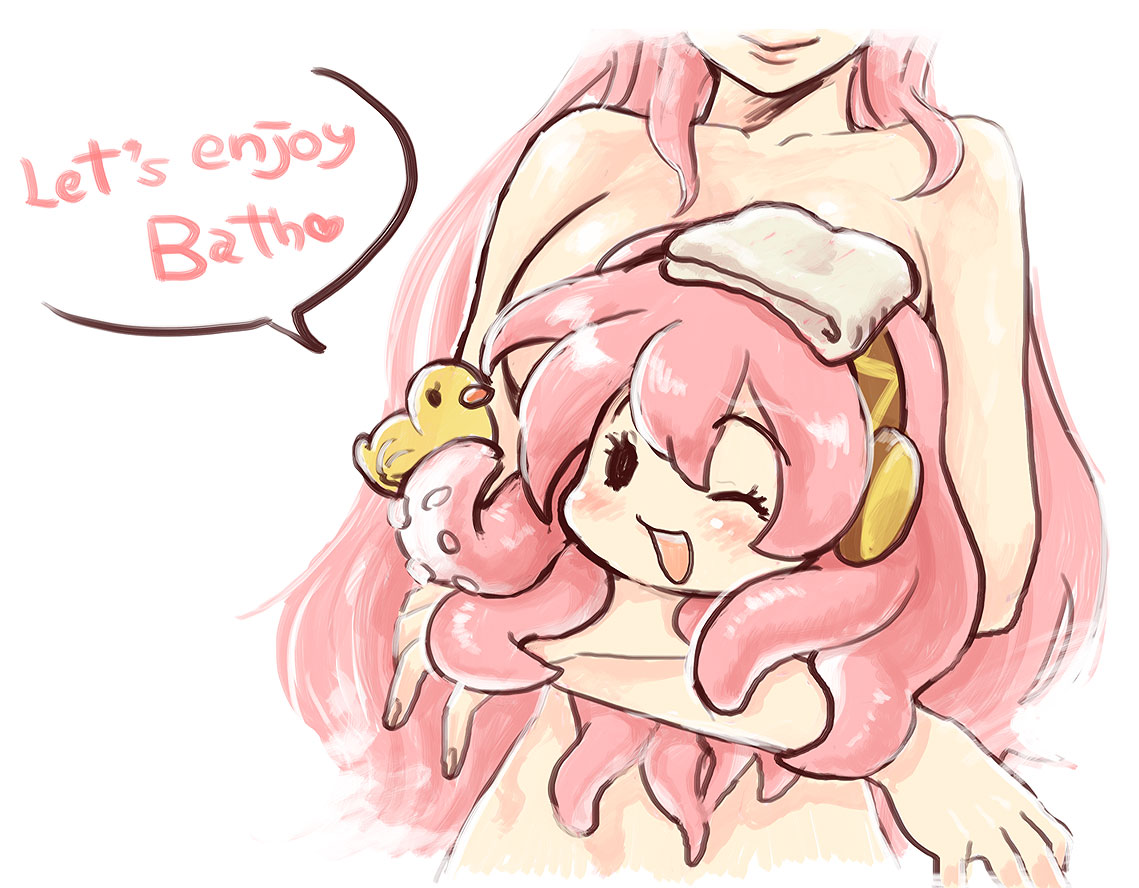 yumiya, megurine luka, takoluka, vocaloid, bad id, bad pixiv id, 1girl, bird, duck, english text, engrish text, female focus, nude, one eye closed, ranguage, rubber duck, smile, solo, towel, wink