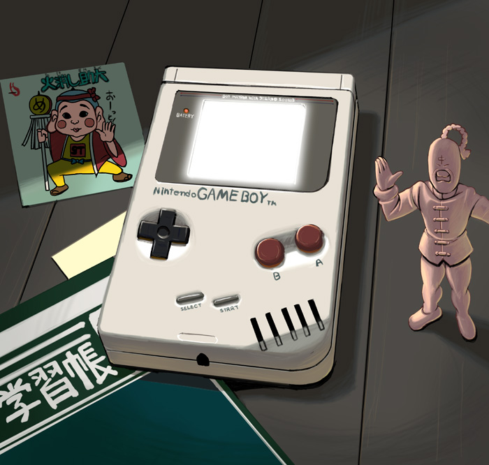 kouno (masao), ramenman, kinnikuman, nintendo, bad id, bad pixiv id, translation request, braid, braided ponytail, facial hair, facial mark, figure, forehead mark, fu manchu (mustache), game boy, game boy (original), handheld game console, mustache, no humans, notebook, text focus