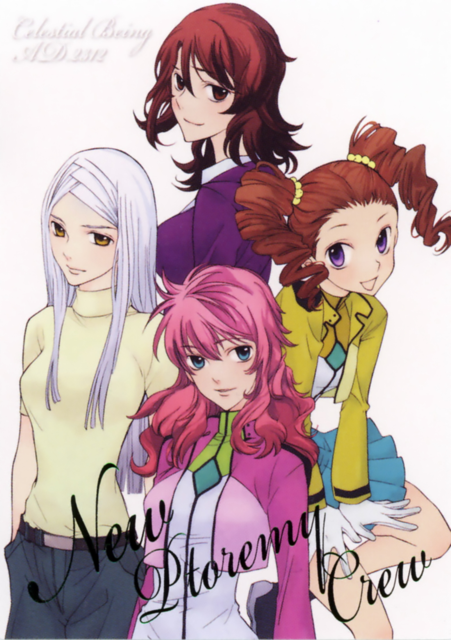 kouga yun, feldt grace, mileina vashti, soma peries, sumeragi lee noriega, gundam, gundam 00, light purple hair, highres, official art, scan, 00s, 4girls, blue eyes, breasts, brown eyes, brown hair, multiple girls, pink hair, purple eyes, yellow eyes