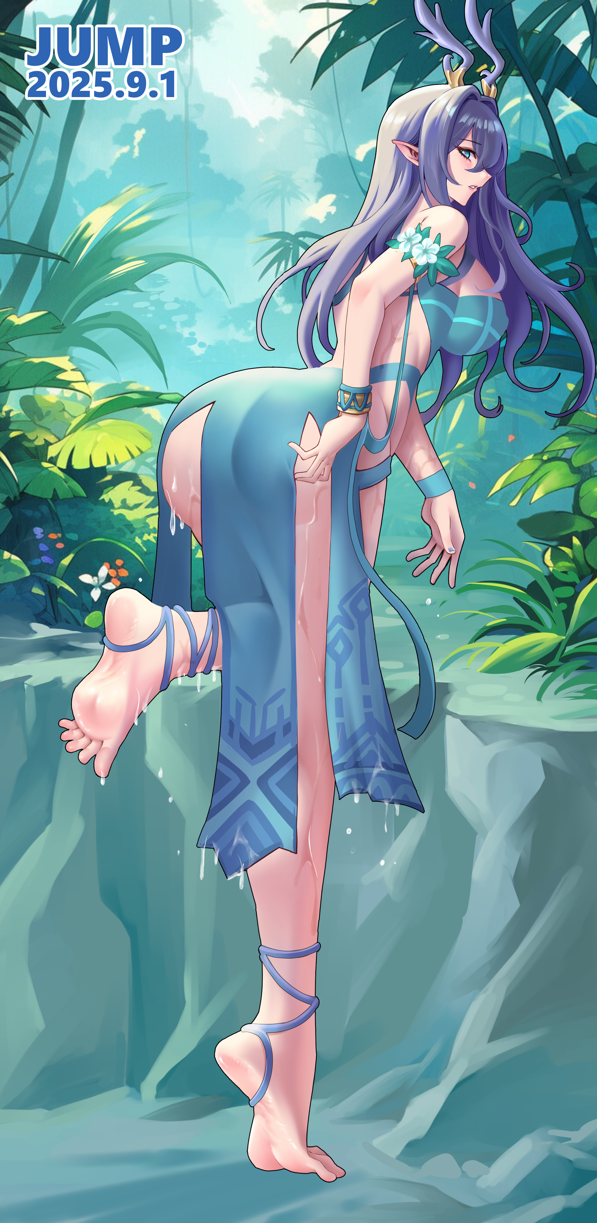huahuaren jump, lauma (genshin impact), genshin impact, absurdres, highres, 1girl, barefoot, blue eyes, feet, long hair, looking at viewer, parted lips, pointy ears, purple hair, soles, toes, wet