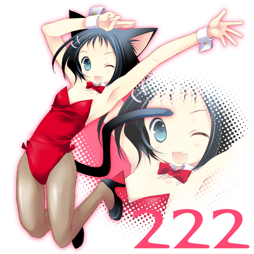 tokumi yuiko, ikeda kana, eiken (studio), saki-saki, saki (manga), sazae-san, bad id, bad pixiv id, 00s, 1girl, alternate costume, animal ears, armpits, cat ears, fang, female focus, fishnet pantyhose, fishnets, kittysuit, nontraditional playboy bunny, one eye closed, pantyhose, solo, wink