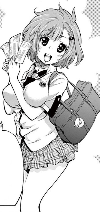 non-web source, 1girl, ahoge, bag, breasts, chousuinou kei, collared shirt, cowboy shot, hair ornament, hairpin, holding, holding ticket, kinoshita maori, looking at viewer, medium breasts, miniskirt, necktie, plaid clothes, plaid skirt, pleated skirt, school bag, school uniform, shirt, short hair, short sleeves, skirt, solo, standing, ticket, vest