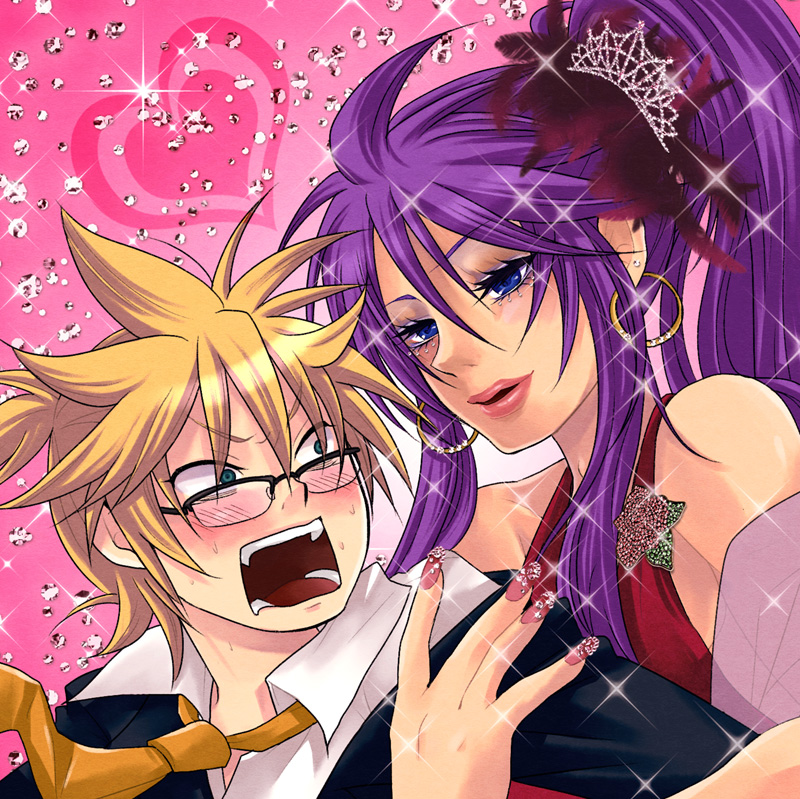yomorin, kagamine len, kamui gakupo, vocaloid, 2boys, blonde hair, blue eyes, blush, crossdressing, crossdressing (mtf), dress, glasses, lipstick, makeup, male focus, multiple boys, necktie, purple hair, yellow necktie