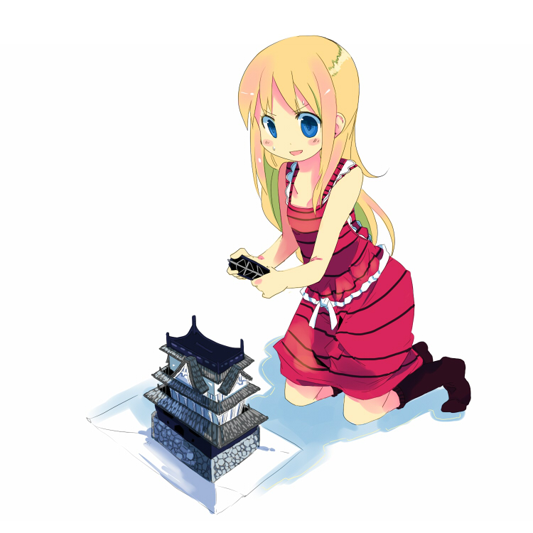 kanikama, ana coppola, ichigo mashimaro, minimized, 1girl, architecture, black socks, blonde hair, blue eyes, blush, castle, child, east asian architecture, female focus, kneehighs, long hair, model, model building, pagoda, socks, solo