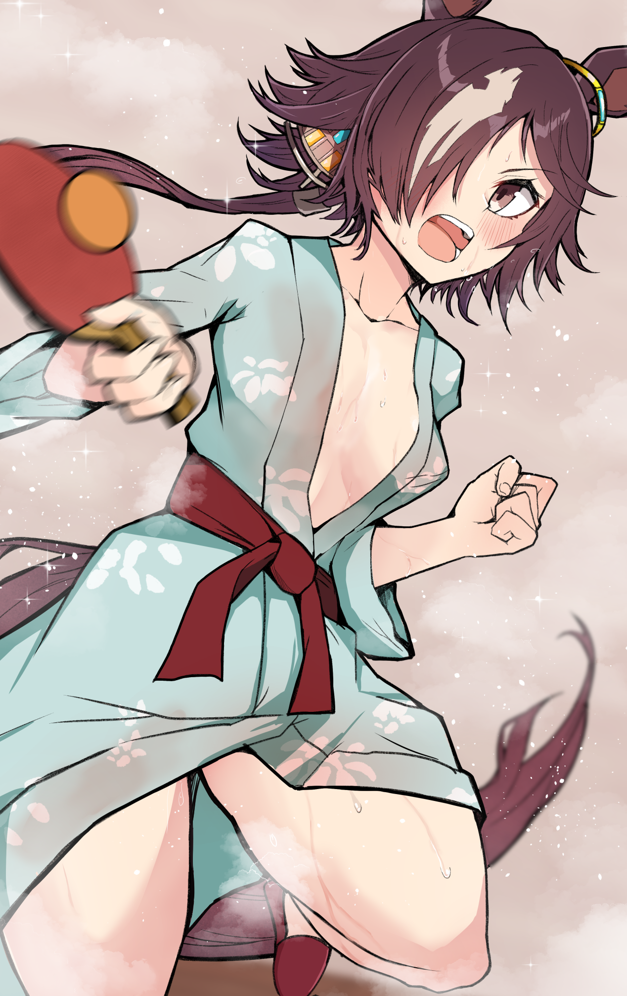 akizuki shigure, vodka (umamusume), umamusume, highres, paid reward available, variant set, 1girl, animal ears, ball, blush, breasts, brown eyes, brown hair, clenched hand, ear ornament, floating hair, foot up, grey hair, hair ornament, hair over one eye, holding, holding paddle, holding table tennis paddle, horse ears, horse girl, horse tail, japanese clothes, kimono, long hair, looking at viewer, low ponytail, medium breasts, motion blur, no bra, open mouth, paddle, ponytail, slippers, solo, steaming body, sweat, table tennis ball, table tennis paddle, tail