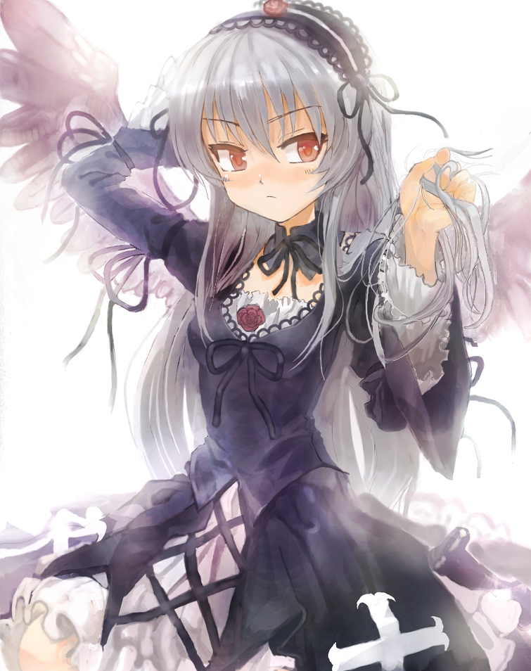 asuka shirou, suigintou, rozen maiden, silver hair, 00s, dress, frills, hairband, long hair, purple eyes, ribbon, solo, wings