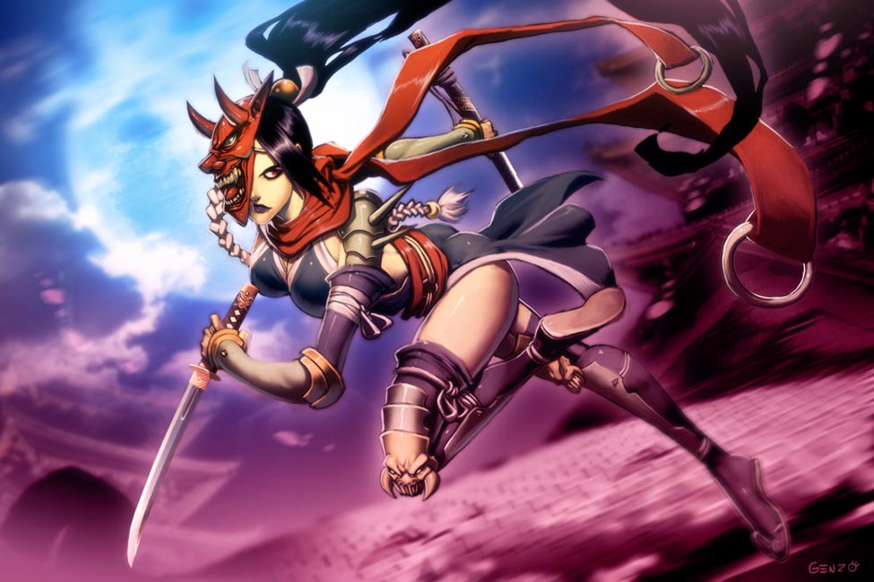 genzoman, legend of the five rings, 1girl, female focus, legs, lips, ninja, solo, sword, weapon