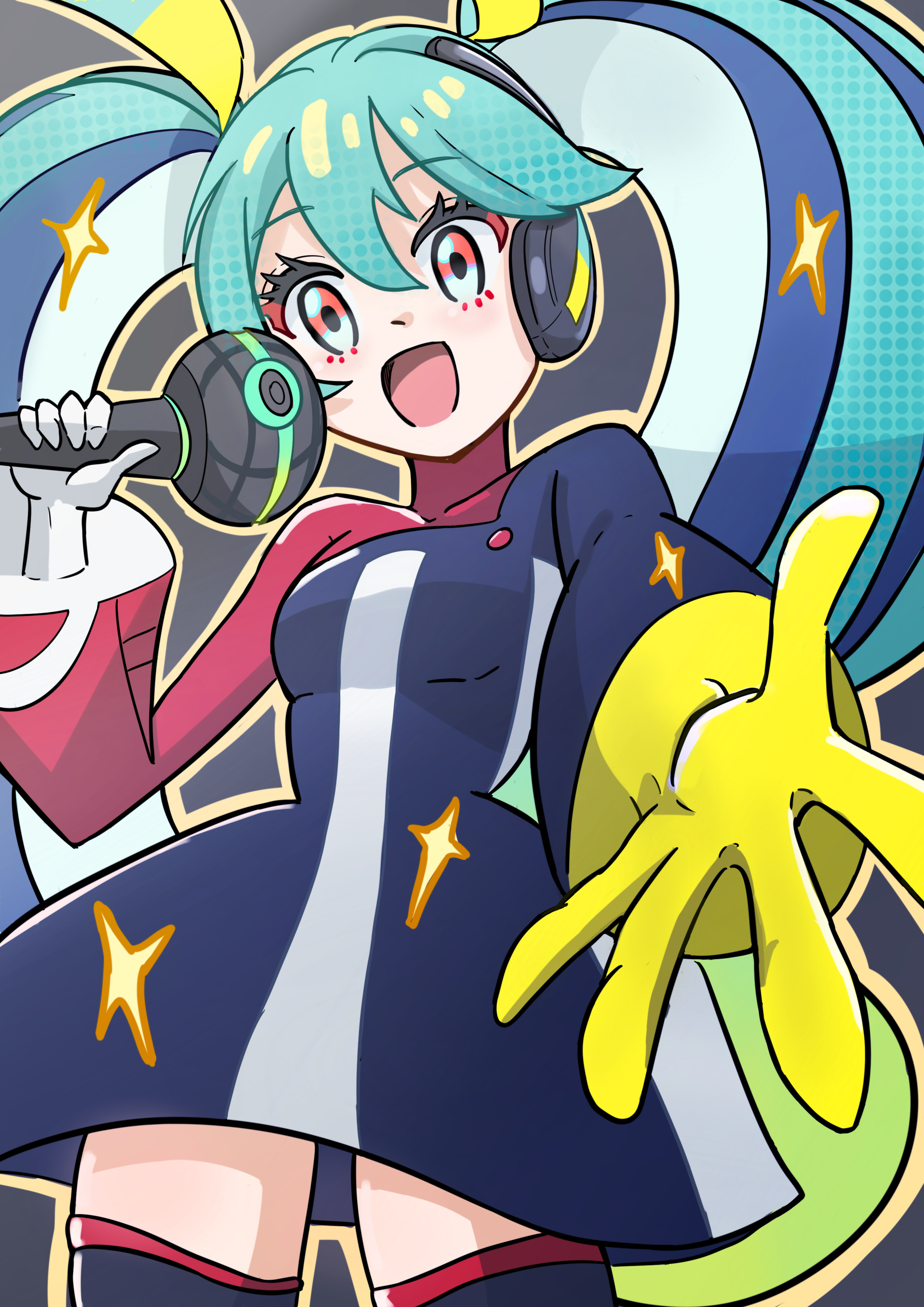 kichi (erkz2532), hatsune miku, nintendo, pokemon, project voltage, vocaloid, absurdres, highres, 1girl, open mouth, solo, twintails