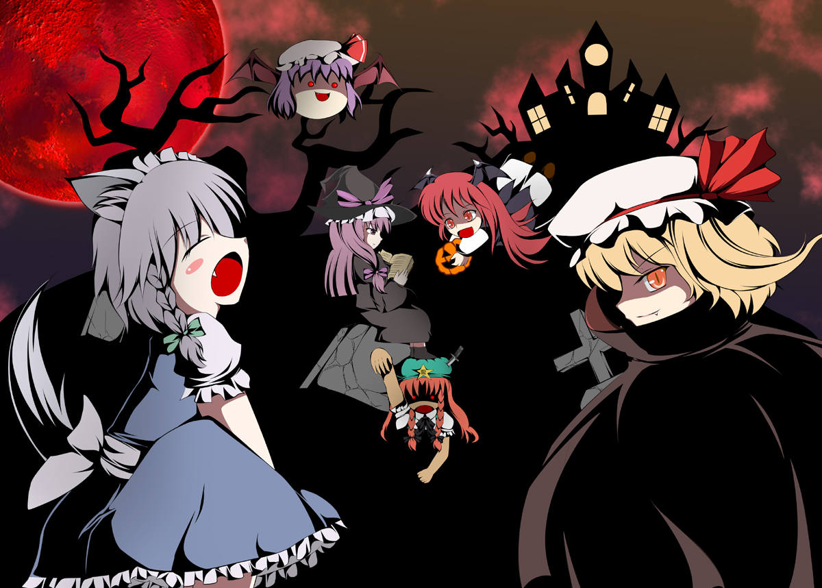 tsuki no alice, flandre scarlet, hong meiling, inu sakuya (nejikirio), izayoi sakuya, koakuma, patchouli knowledge, remilia scarlet, embodiment of scarlet devil, touhou, 5girls, animal ears, blush stickers, chibi, cross, dog ears, dog tail, female focus, glowing, glowing eyes, grave, halloween, jack-o'-lantern, kemonomimi mode, knife, moon, multiple girls, pumpkin, red moon, tail, throwing knife, weapon, yukkuri shiteitte ne, zombie