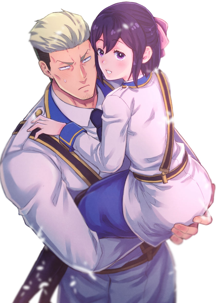 giga omega, kyuuketsuki sugu shinu, commentary request, highres, 1boy, 1girl, black hair, black pantyhose, blonde hair, blue skirt, blurry, carrying, carrying person, coat, facial hair, frown, goatee, hair ribbon, half updo, hetero, miniskirt, moegi (kyuuketsuki sugu shinu), multicolored hair, pantyhose, purple eyes, purple hair, ribbon, ruri (kyuuketsuki sugu shinu), skirt, smile, two-tone hair, v-shaped eyebrows, white coat