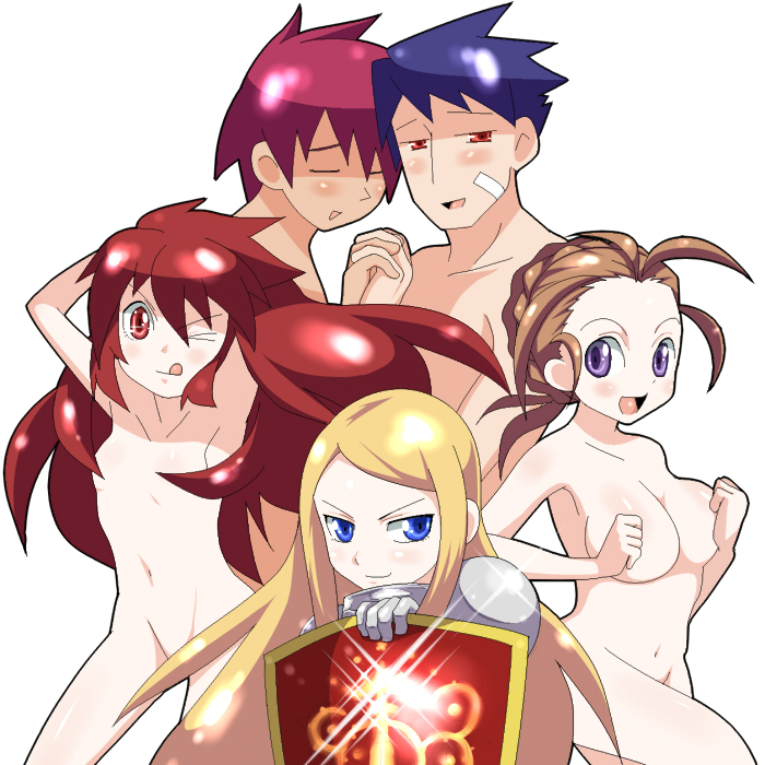 aobe, paladin (sekaiju), paladin 2 (sekaiju), swordsman (sekaiju), swordsman 1 (sekaiju), swordsman 2 (sekaiju), swordsman 3 (sekaiju), swordsman 4 (sekaiju), atlus, etrian odyssey, bad id, bad pixiv id, 2boys, 3girls, antenna hair, blonde hair, blue eyes, blue hair, breasts, brown hair, censored, convenient censoring, long hair, medium breasts, multiple boys, multiple girls, nude, open mouth, purple eyes, red eyes, red hair, shield, small breasts, smile, tareme, tongue, tsurime