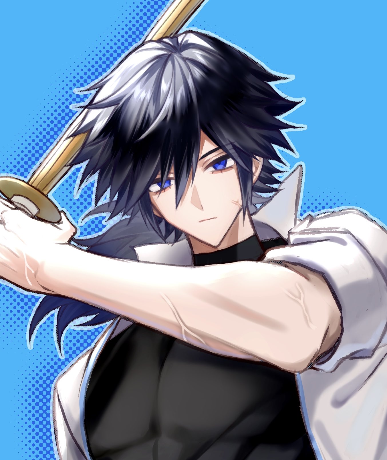 t ei to, tomioka giyuu, kimetsu no yaiba, highres, 1boy, alternate costume, black shirt, blue background, blue eyes, close-up, closed mouth, hair between eyes, holding, holding sword, holding weapon, jacket, looking at viewer, male focus, open clothes, open jacket, shirt, solo, spiked hair, sword, upper body, weapon, white jacket, wooden sword