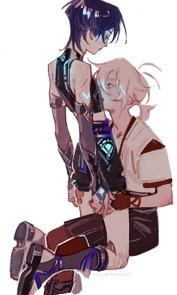 enilehtnorevol, kaedehara kazuha, scaramouche (genshin impact), wanderer (genshin impact), genshin impact, hashtag-only commentary, 2boys, antenna hair, arm markings, artist name, black bridal gauntlets, black gloves, black hair, black shirt, black shorts, blunt ends, boots, bridal gauntlets, crop top, cropped legs, doll joints, double-parted bangs, elbow gloves, eye contact, fingerless gloves, gloves, hands on another's thighs, head on chest, high-waist shorts, high collar, invisible chair, joints, kneehighs, kneeling, looking at another, low ponytail, midriff, multiple boys, neon lights, pantyhose, ponytail, red eyes, red gloves, red pantyhose, shirt, short ponytail, shorts, simple background, sitting, sleeveless, sleeveless shirt, socks, stirrup footwear, tassel, white background, white hair, white shirt, wolf cut, yaoi