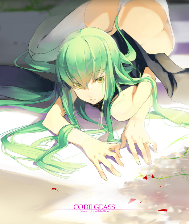 kaimuari, c.c., code geass, 00s, 1girl, boots, butt crack, female focus, green hair, long hair, lying, panties, solo, thighhighs, underwear, yellow eyes, zettai ryouiki
