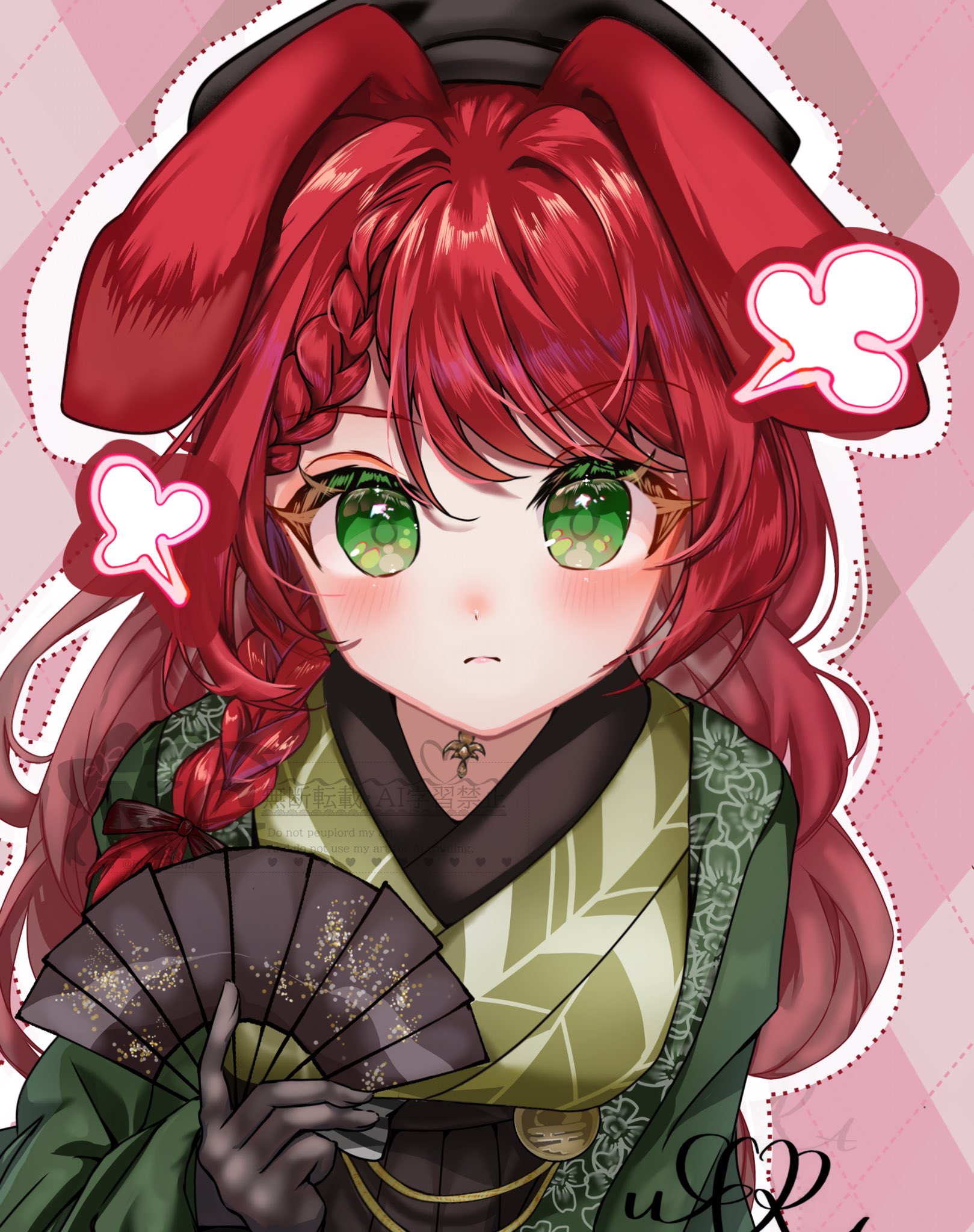 indie virtual youtuber, commentary request, highres, 1girl, animal ears, black gloves, blush, braid, closed mouth, gloves, green eyes, green kimono, hand fan, holding, holding fan, japanese clothes, kimono, long hair, long sleeves, looking at viewer, minashiro aroe, pink background, red hair, rina xx203, solo, straight-on, swept bangs, upper body, virtual youtuber