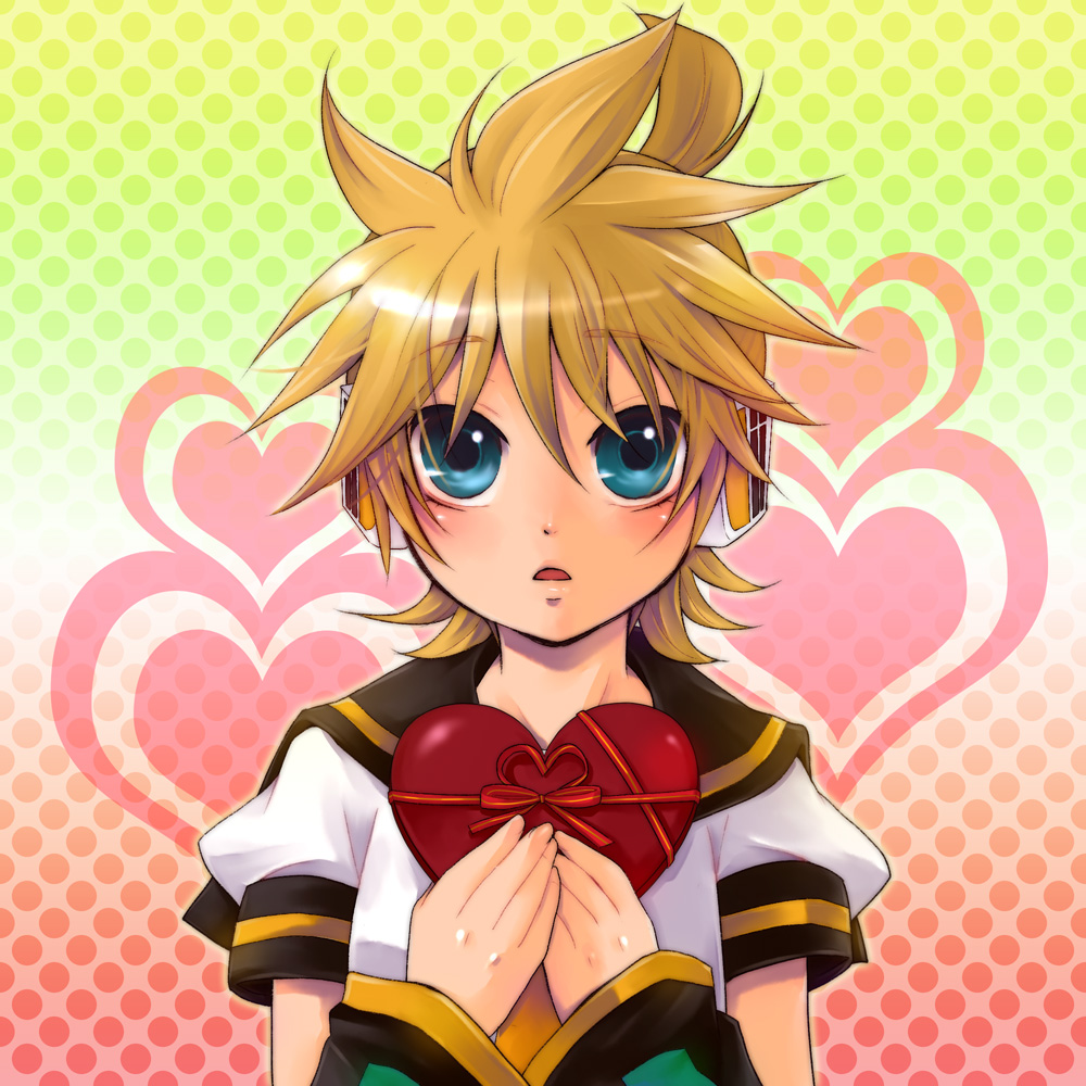 yomorin, kagamine len, vocaloid, 1boy, blonde hair, blue eyes, box, detached sleeves, gift, headset, heart, heart-shaped box, holding, holding gift, male focus, necktie, ribbon, solo