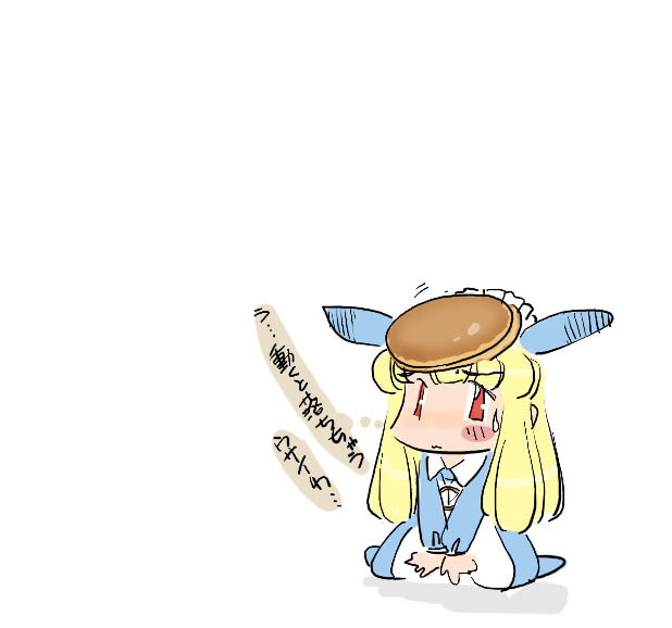 usai, futaba channel, nijiura maids, translated, :3, animal ears, blonde hair, food, kneeling, meme, pancake, rabbit ears, red eyes, sitting, solo