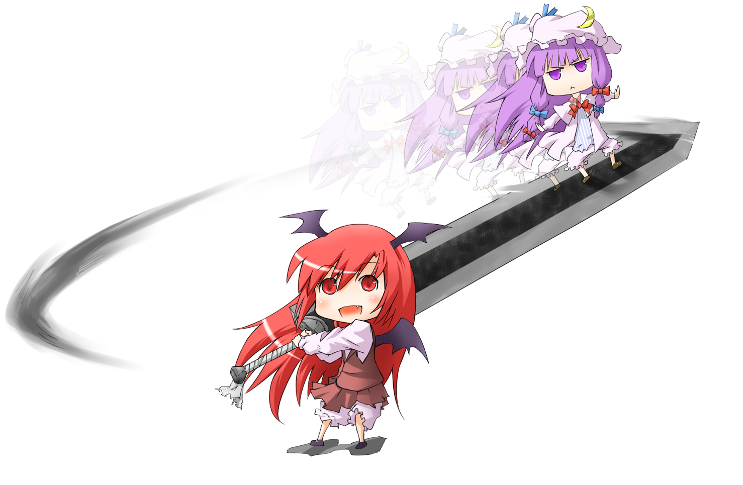 taker, taker (artist), taker (flamestorm), koakuma, patchouli knowledge, berserk, embodiment of scarlet devil, touhou, 2girls, chibi, dragonslayer (sword), female focus, head wings, huge weapon, multiple girls, sword, weapon, wings